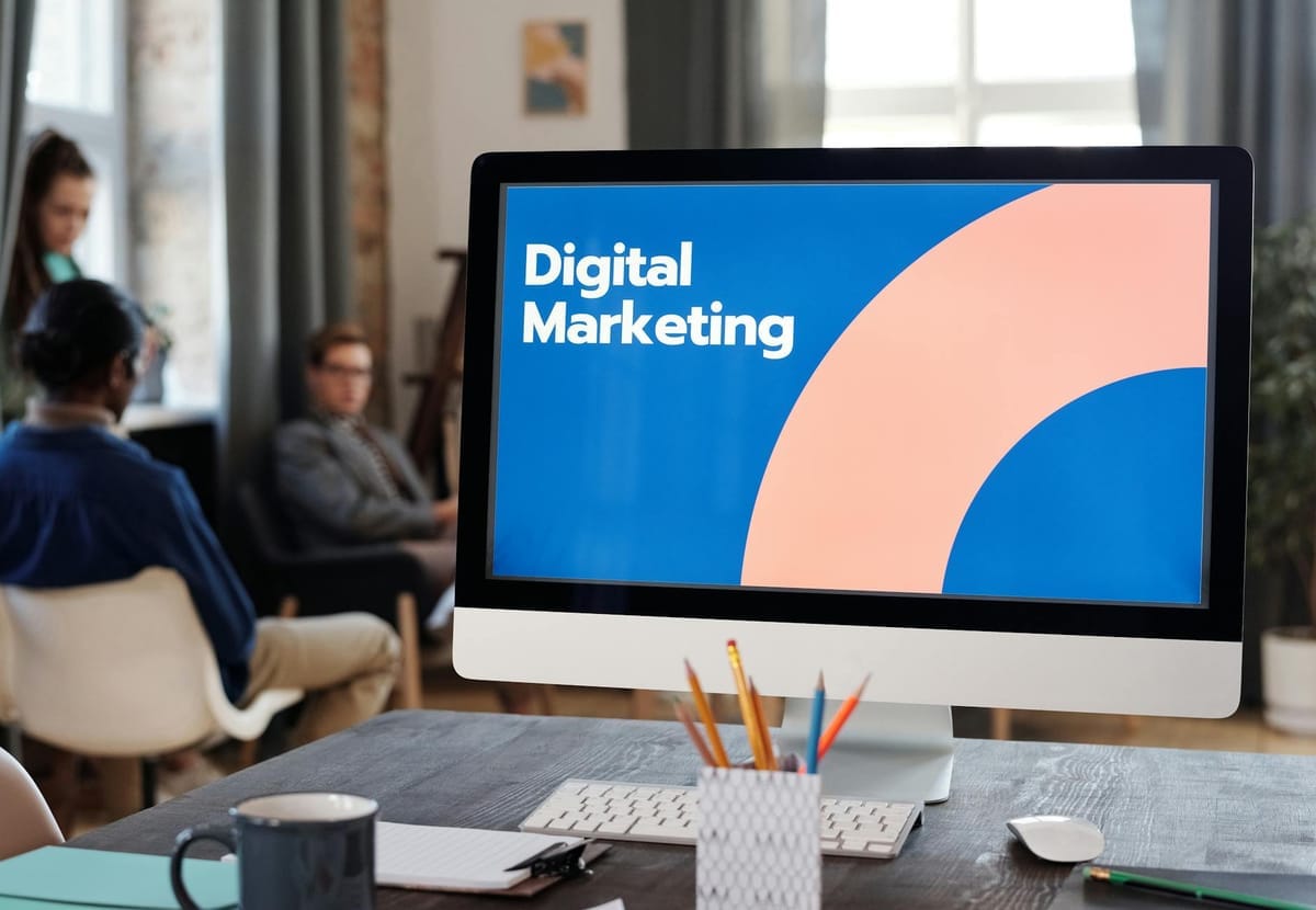 réunion d'équipe marketing devant un grand écran affichant Digital Marketing dans un bureau lumineux