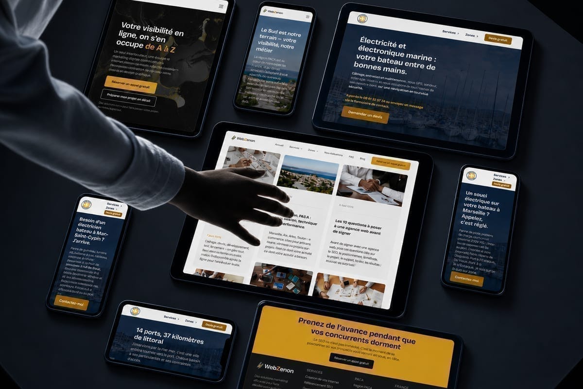 Présentation de sites web sur plusieurs tablettes et téléphones à fond sombre