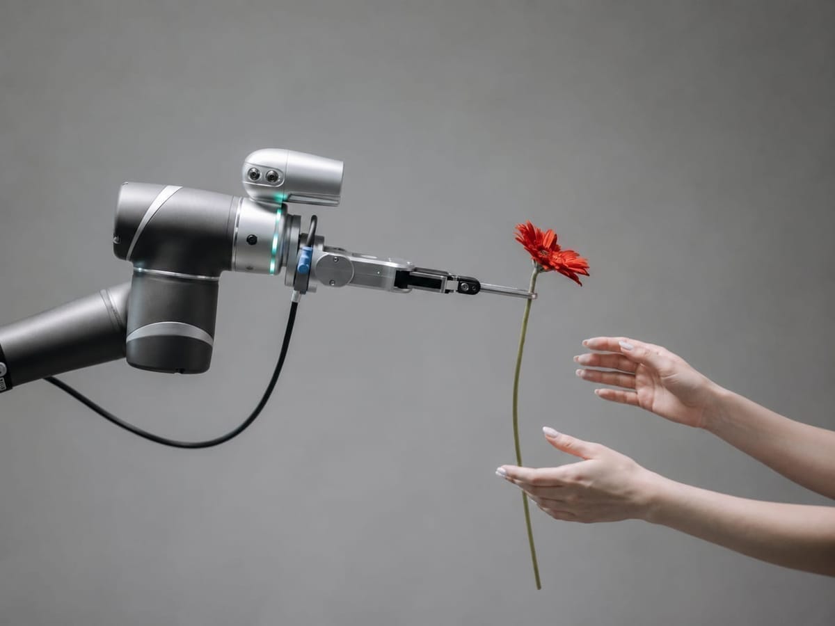 bras robotique argenté tendant une fleur rouge à deux mains humaines sur fond gris
